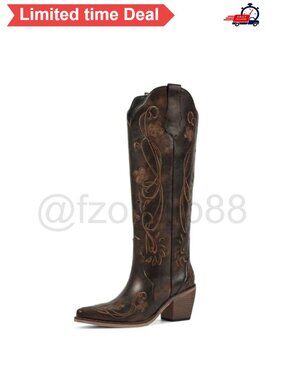 Faux Leather Knee High Cowboy Boots Floral Embroidered Pointed Toe Block Heel